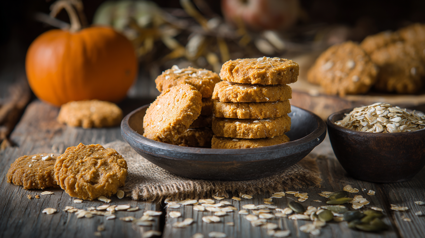 Pumpkin & Peanut Butter dog Biscuits hero shot with golden biscuits on a rustic table