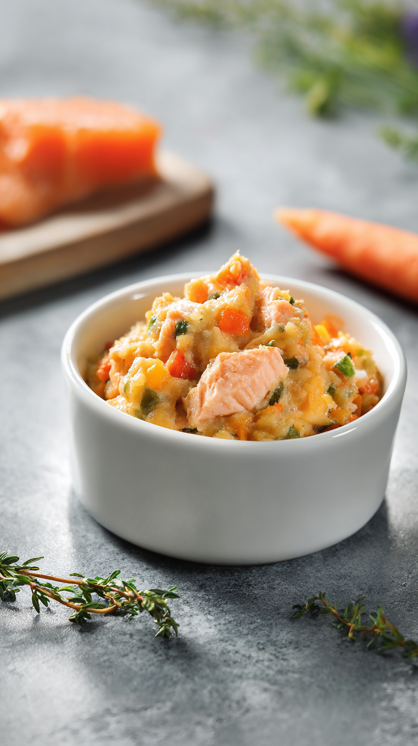 Salmon & Pumpkin Feast for Dogs being served on beautiful dinnerware