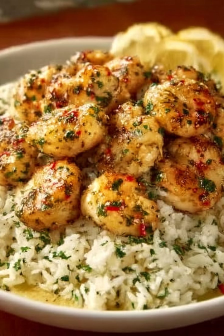 Chicken Scampi with Creamy Garlic Parmesan Rice serving