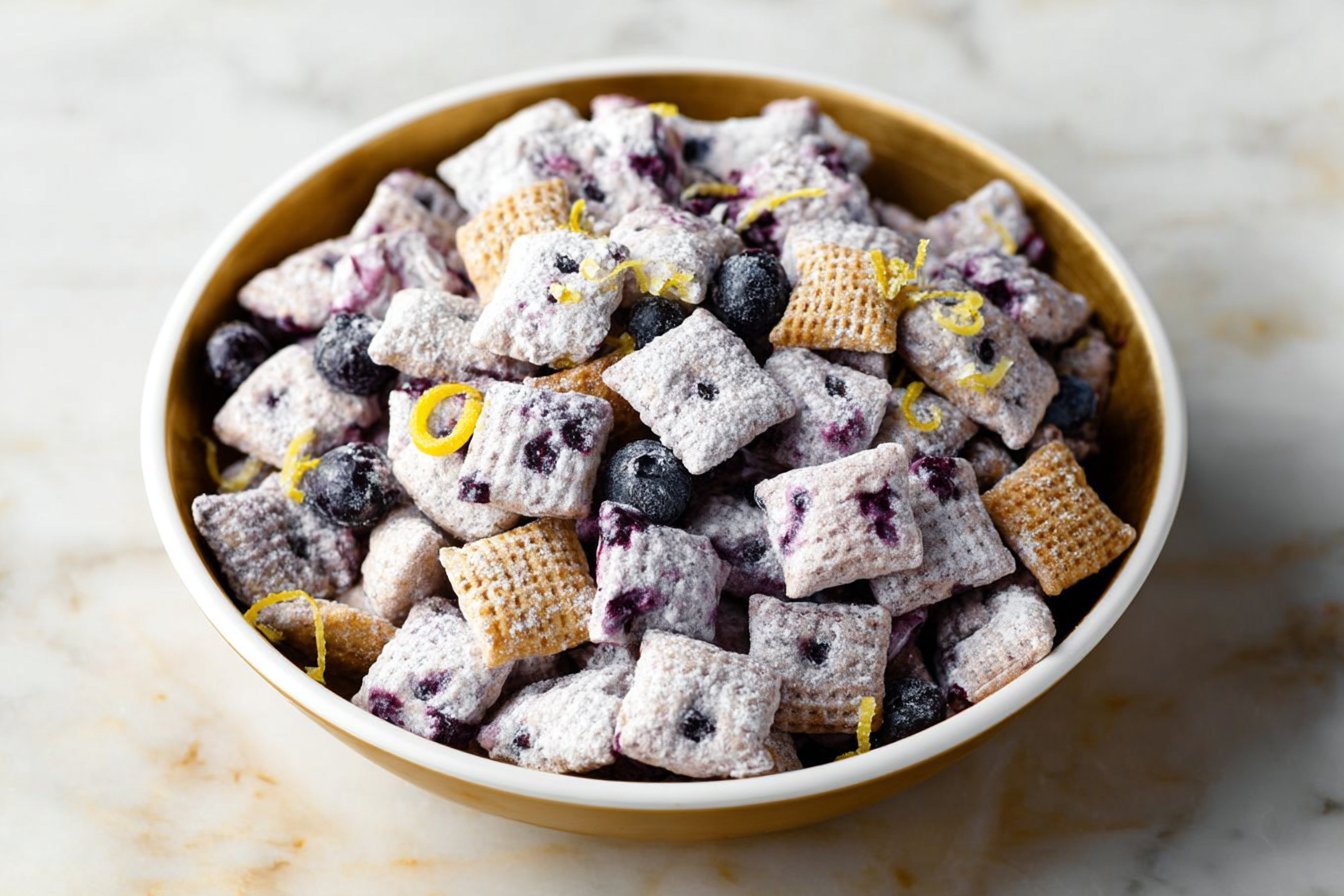 Blueberry Lemon Cheesecake Puppy Chow featured