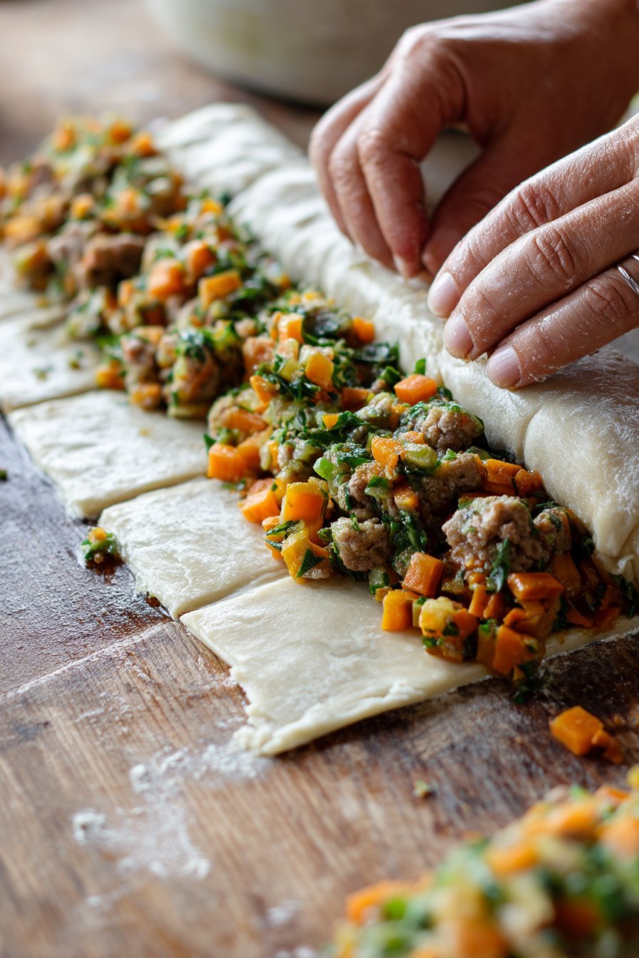 Beef Carrot & Spinach Beef Sausage Rolls instructions process