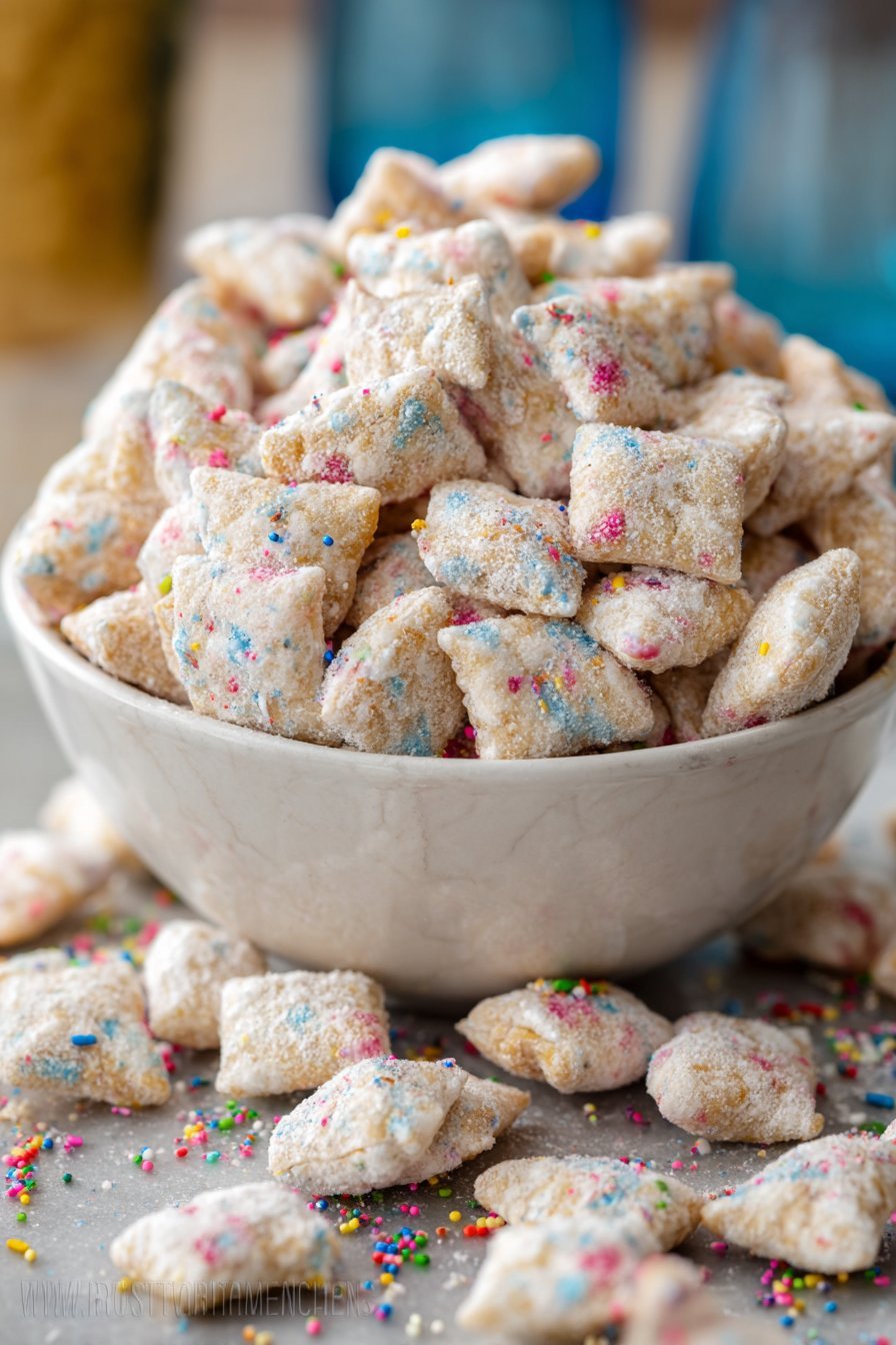 Cake Batter Puppy Chow serving