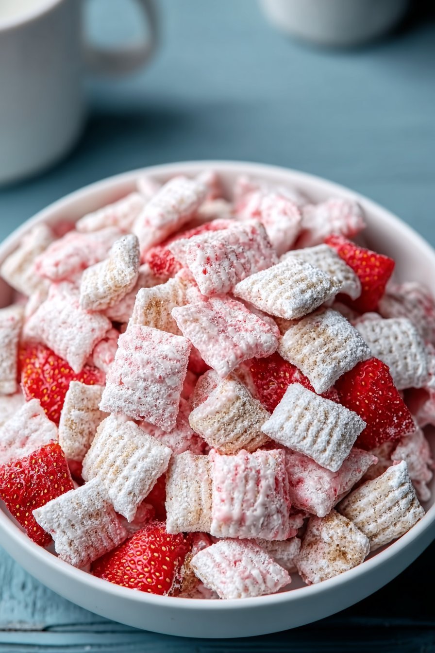 Fluffy Strawberry Shortcake Puppy Chow serving