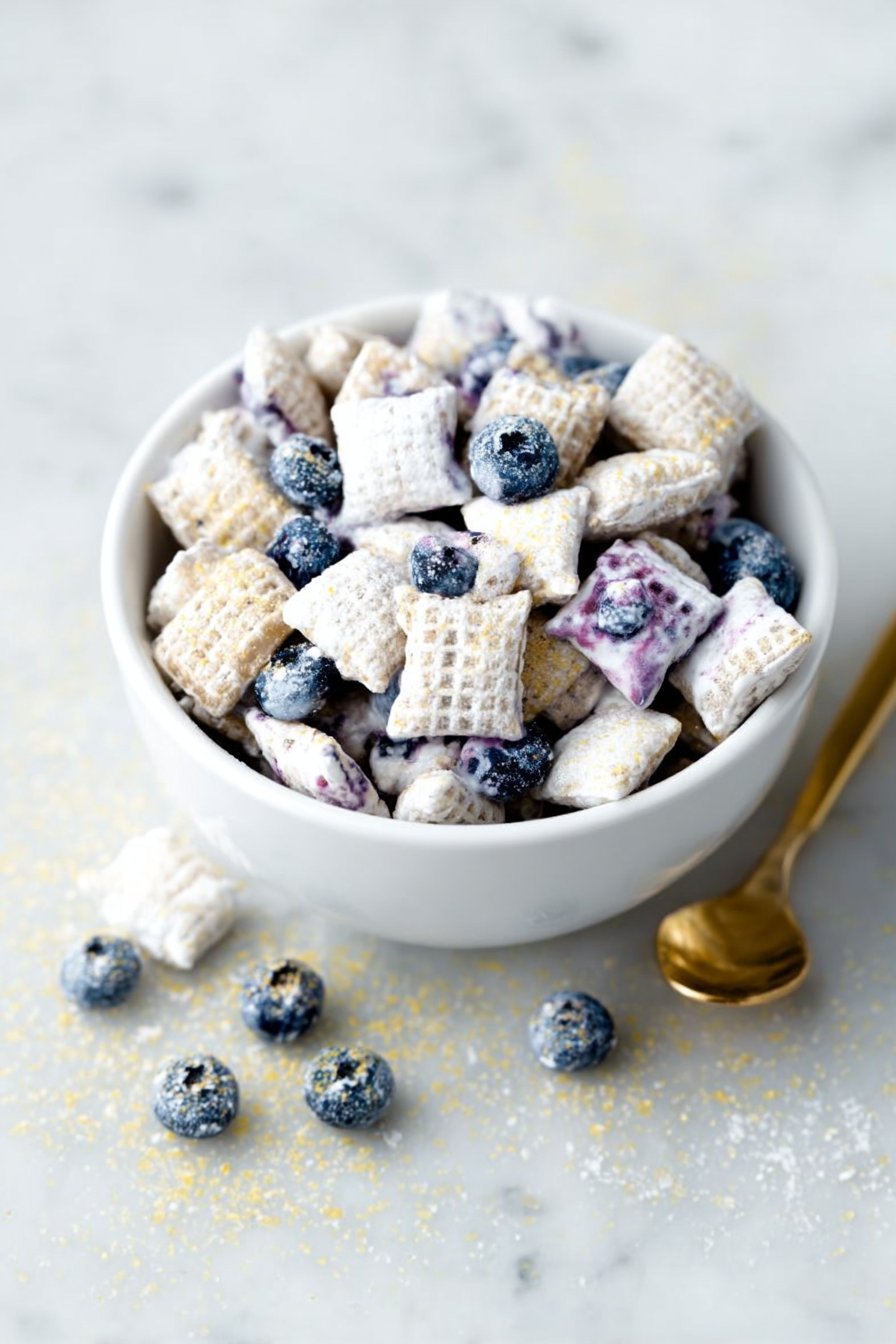 Blueberry Lemon Cheesecake Puppy Chow serving