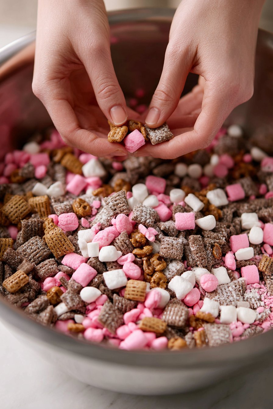 Neapolitan Puppy Chow Snack Mix instructions process
