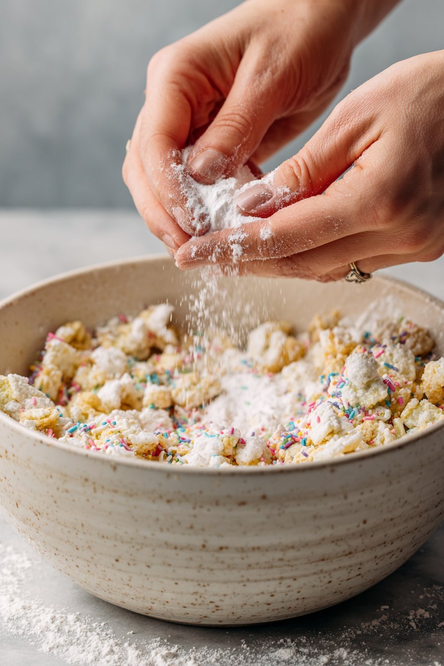 Cake Batter Puppy Chow instructions process