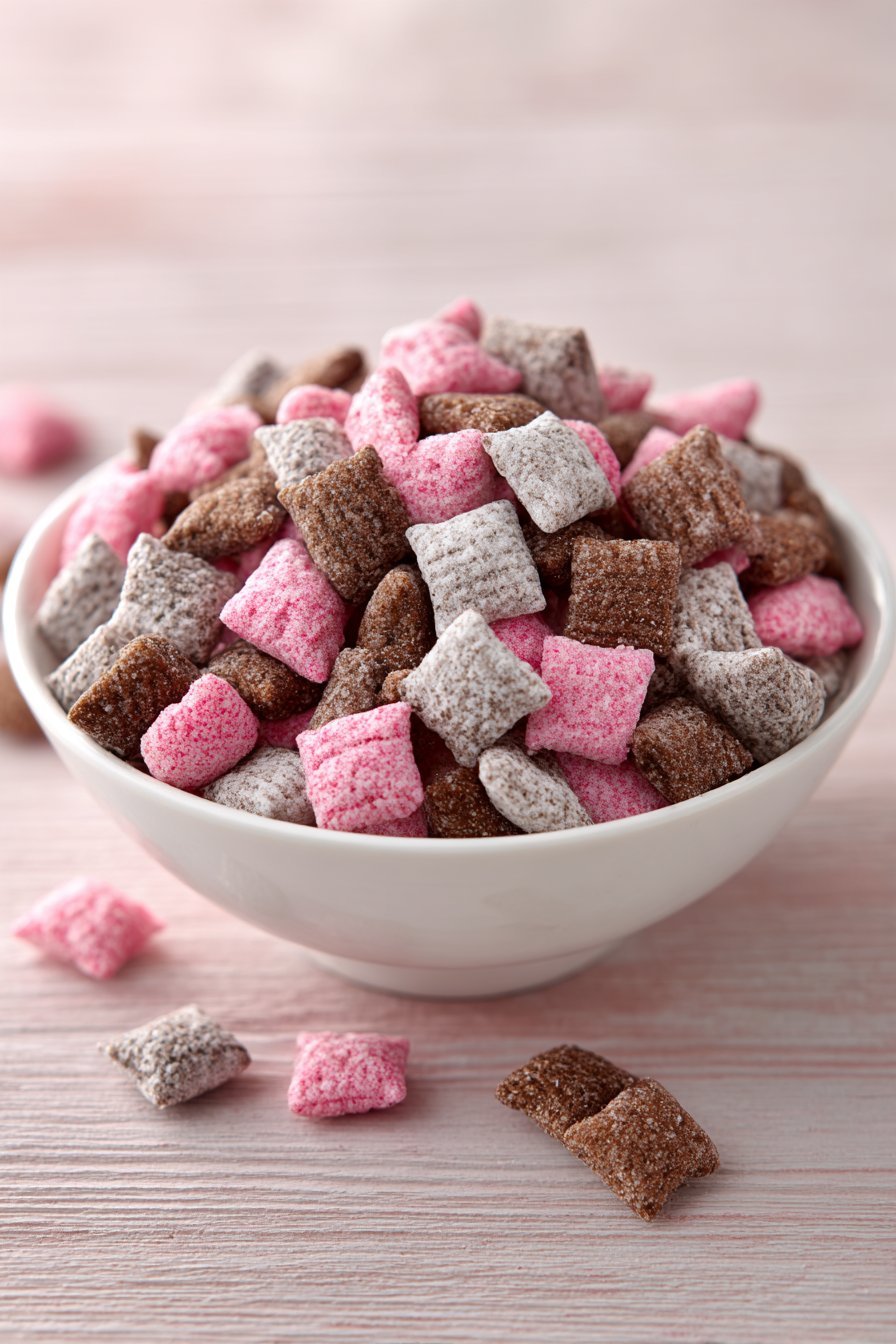 Neapolitan Puppy Chow Snack Mix serving