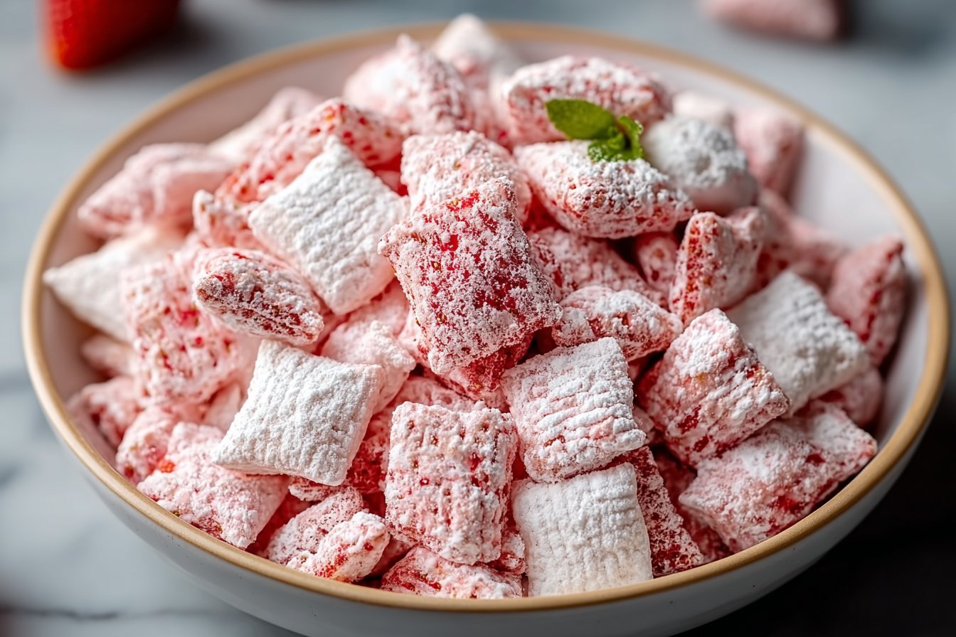 Fluffy Strawberry Shortcake Puppy Chow recipe card