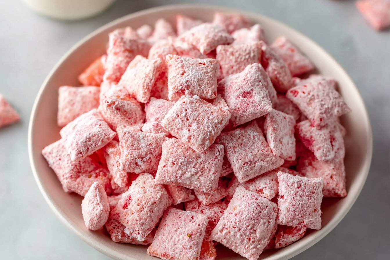 Strawberry Shortcake Puppy Chow recipe card